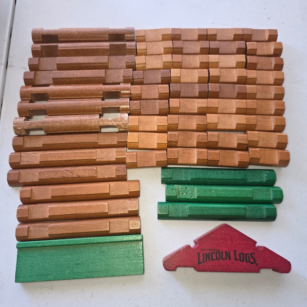 Lincoln‎ Logs Vintage Real Wood Building Set 53 Piece Lot Brown Green Red Gable
